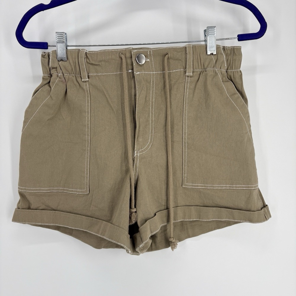 No Comment Carpenter Shorts Womens Medium Khaki Patch Pocket Paperbag Cuffed